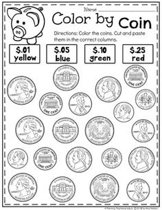 color by coin worksheet for kids to practice counting and matching coins with numbers