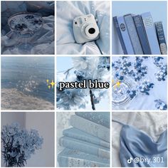 the collage shows blue and white items in various pictures, including books, flowers, and other things