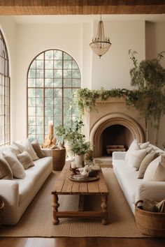 a living room filled with furniture and a fire place in front of a large window