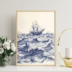 a blue and white drawing of a sailboat in the ocean with waves on it