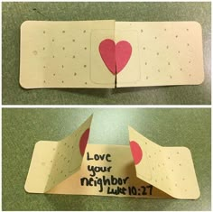 two pieces of paper that have been cut out to look like a card with a heart on it