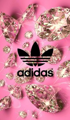 the adidas logo is surrounded by diamonds on a pink background with white and black lettering