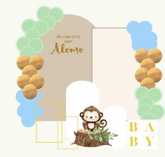 a baby shower is decorated with monkeys and leaves on the tree stumps, along with a welcome sign