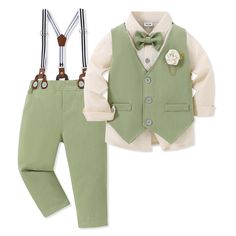 PRICES MAY VARY. 5-Pieces Formal Suit Set: This toddler suit including 1PC long sleeve dress shirt+ 1PC vest + 1PC suspender pants + 1PC detachable bow tie + 1PC elegant boutonniere. Material: Made of great cotton blend fabric, soft and breathable, and skin-friendly for your little boy. Design: Toddler boy dress clothes, classic color matching detachable bowtie and suspender pants. You'll never worry about how to match your cute boy! Occasion: The toddler boy gentleman outfits are designed for w Ring Boy Outfits, Toddler Wedding Outfit Boy, Elegant Boutonniere, Toddler Boy Dress Clothes, Toddler Suit, Formal Dress Shirt, Boys Formal