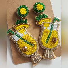 Beaded Post Back Approx 2.75" Drop Yellow Beaded Earrings With Ear Wire For Summer, Summer Yellow Beaded Earrings With Ear Wire, Fun Yellow Earrings With Ear Wire, Yellow Ear Wire Party Earrings, Yellow Fun Jewelry With Colorful Beads, Fun Yellow Jewelry With Colorful Beads, Yellow Jewelry With Ear Wire For Party, Party Jewelry With Yellow Ear Wire, Yellow Dangle Earrings For Beach