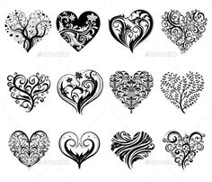 many different hearts with swirls and flowers on them, all in black and white