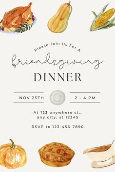 the thanksgiving dinner flyer is shown with watercolor drawings and pumpkins, squash, corn