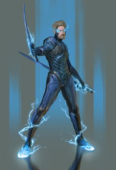 a man in a futuristic suit holding two swords