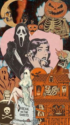 a collage of halloween images with ghost, pumpkins, and skeletons in the background