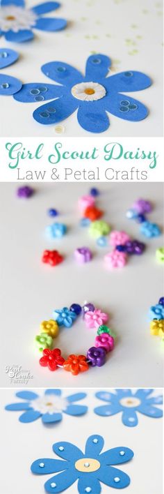 some paper flowers and beads on top of a white surface with the words girl scout daisy law & petal crafts