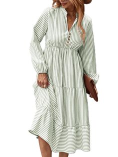 PRICES MAY VARY. Stripe, puff long sleeve, ruffle hem, half button, ankle length, pullover v neck a-line dress for women and ladies. Tiered ruffled hem, streak, elastic high wasit, notch neck swing flowy dress for women design will catch everyone's attention in every occasions, fashion and elegant. This v neck stripe long sleeve midi dress is perfect to pair with high heels or short boots, coats, and jackets to create an elegant look! The half button flowy swing a-line long dress great for datin Amazon Fall Dresses, Button Up Shirt Dress, A Line Long Dress, Fall Fashion Dresses, Country Dresses, Women Design, Womens Fall Dress, Stripe Long Sleeve, Church Dresses