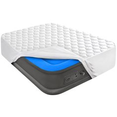 an air mattress with the cover pulled down on it's side and attached to a pillow