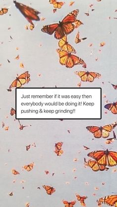 a bunch of butterflies flying in the sky with a caption that reads, just remember it was easy then everybody would be doing it keep pushing