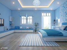 a bedroom with blue walls and white furniture in the room is lit by recessed lights