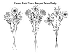 four flower bouquets are shown in black and white, with the words custom birth flower tattoo