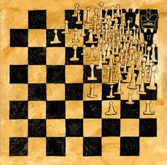 a drawing of chess pieces on a checkered board