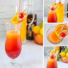 various shots of orange juice in glasses with straws and garnishes on the rim