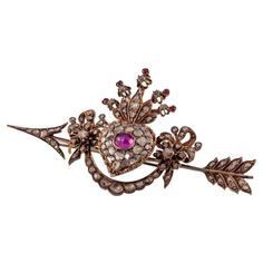 10k Gold Custom Antique Heart Arrow Brooch w/ Diamonds and Rubies Gorgeous Antique Brooch Features Garland with Bow Detailing on Arrow with Crowned Heart Ruby Cabochon Centerpiece with Old Cut Diamonds Length of Brooch = 47 mm Width of Brooch = 90 mm Total Mass = 24.3 grams Based on Design and Materials, dated to Georgian or Victorian era or earlier Gorgeous Antique Piece! Vintage Jewelry Antique, Georgian Jewelry, Antique Brooches, Heart With Arrow, Victorian Jewelry, Victorian Era, 10k Gold, Vintage Brooches, Vintage Watches