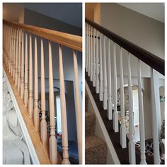 two pictures of the same stair railing, one with wood balusters and another with white handrails