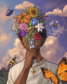 a drawing of a man with flowers in his hair and butterflies flying around him on a cloudy day