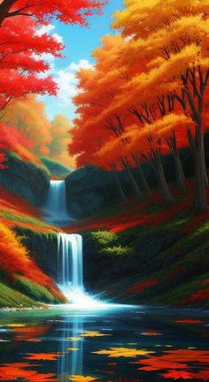 an oil painting of a waterfall in the woods with fall foliage and trees surrounding it