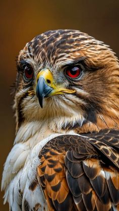 a close up of a bird of prey with red eyes and brown feathers on it's head