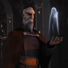 an animated star wars character holding his hand out