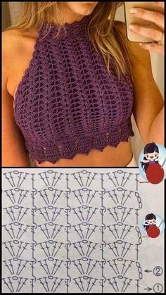 a woman wearing a purple knitted top and holding a cell phone