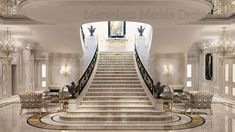 an ornate staircase in a large building with chandeliers on the ceiling and marble floors