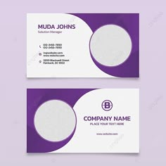 two business cards with purple circles on the front and back, both in white and purple