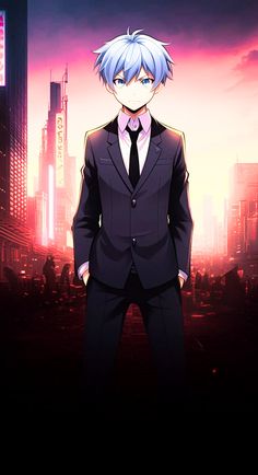 an anime character standing in front of a cityscape with buildings and skyscrapers