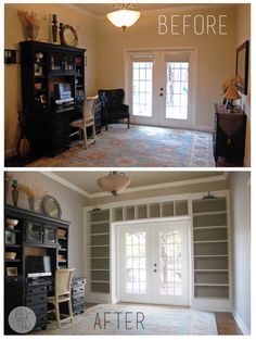 before and after photos of a living room with built in bookcases