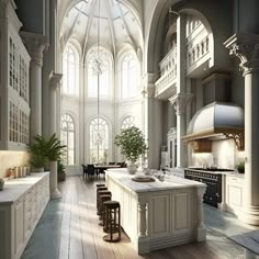 an artist's rendering of a large kitchen and dining area in a house with high ceilings