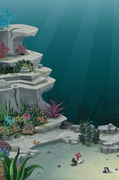 an underwater scene with rocks and plants