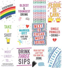 various stickers that say different things to drink and what to do with them in the same