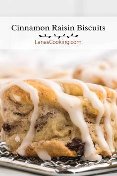 cinnamon raisin biscuits with icing on a plate