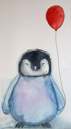 a painting of a penguin holding a red balloon