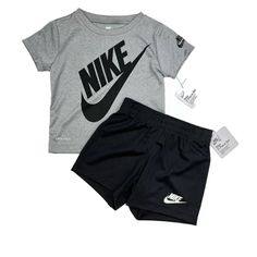 This Is Nike Baby Boy 2 Piece Size 24m T-Shirt & Shorts Set Dri-Fit Gray Black White Brand New 100% Authentic -Condition: Brand New With Tag -Retail: 40.00 Measurments First To Assume Proper Fit Approx Pictures Measurements Taken With Item Lying Flat, Not Stretched Colors May Appear Lighter/Darker Due To Monitor Pixel Variations Black Cotton Short Set, Gray Playwear Sets For Summer, Sporty Black Short Sets, Nike Sets With Letter Print And Short Sleeve, Black Graphic Print Playwear Sets, Black Graphic Print Sets For Playwear, Gray Short Sleeve Letter Print Sets, Nike Black Summer Sets, Black Letter Print Playwear Sets