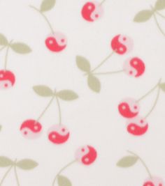 the fabric has cherries on it with green leaves and red berries printed on them