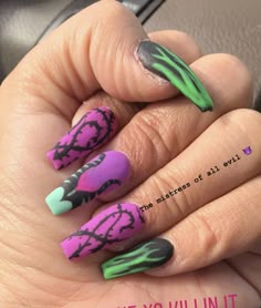 Maleficent Acrylic Nails, Disney Evil Queen Nails, Mal Descendants Nails, Mother Gothel Nails, Disney Nails Malificent, Dr Facilier Nails, Malificent Nail Design Simple, Disney Villian Nail Art, Maleficent Inspired Nails