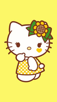 a hello kitty wallpaper with an image of a cat wearing a flower in her hair