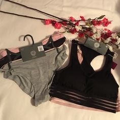 Nwt Size Medium Two Sports Bras With Removable Pad And Three Pairs Of Panties. Grey, Pink And Black. Comfort Bras And Hipster Panties. Size Medium Last Pic Shows Spots Throughout See Thru Fabric That Appears To Have Separated. Lounge Bra, Floral Bra, Adjustable Bra, Racerback Bra, Bra Panty, Seamless Bra, Black Bra, Pink Bra, T Shirt Bra