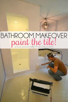 a man is painting the walls in his bathroom with text overlay that reads, bathroom makeover paint the tile