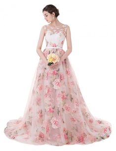 Floral Long Train Length Sleeveless Formal Party Dress Flowers Prom Dress, Reception Dress Lace, Wedding Gown Plus Size, Princess Evening Dress, Flower Prom Dress, Printed Prom Dresses, Prom Dresses Long Lace, Floral Prom Dresses, Pink Evening Dress