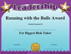 a certificate for a business achievement with the words,'running with the bulls award '