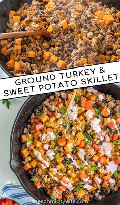 the ground turkey and sweet potato skillet is ready to be eaten