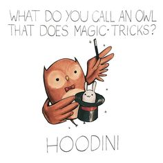 an owl holding a magician's hat with the caption, what do you call an owl that does magic tricks? hodni