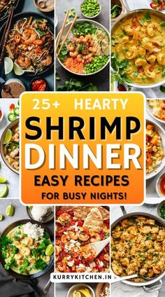 the cover of 25 hearty shrimp dinner easy recipes for busy nights