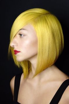 Angled long bob by Aveda Global Artistic Director for Hair Cutting Ricardo Dinis. Bright yellow Aveda hair color by Eva Van Anglen and Isabella Shipley. Undercut through the nape// Graduation Hair Color Products, Yellow Hair Color, Tan Skin Blonde Hair, Aveda Salon, Medium Bob, Hair Brained