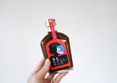 a hand holding a bottle of syrup with japanese writing on the label in front of a white background